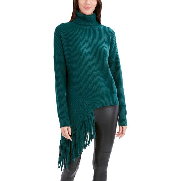 BCBG Max Azria Women's Asymmetrical Ribbed Knit Fringed Trim Turtleneck Sweater - Picture 1 of 4